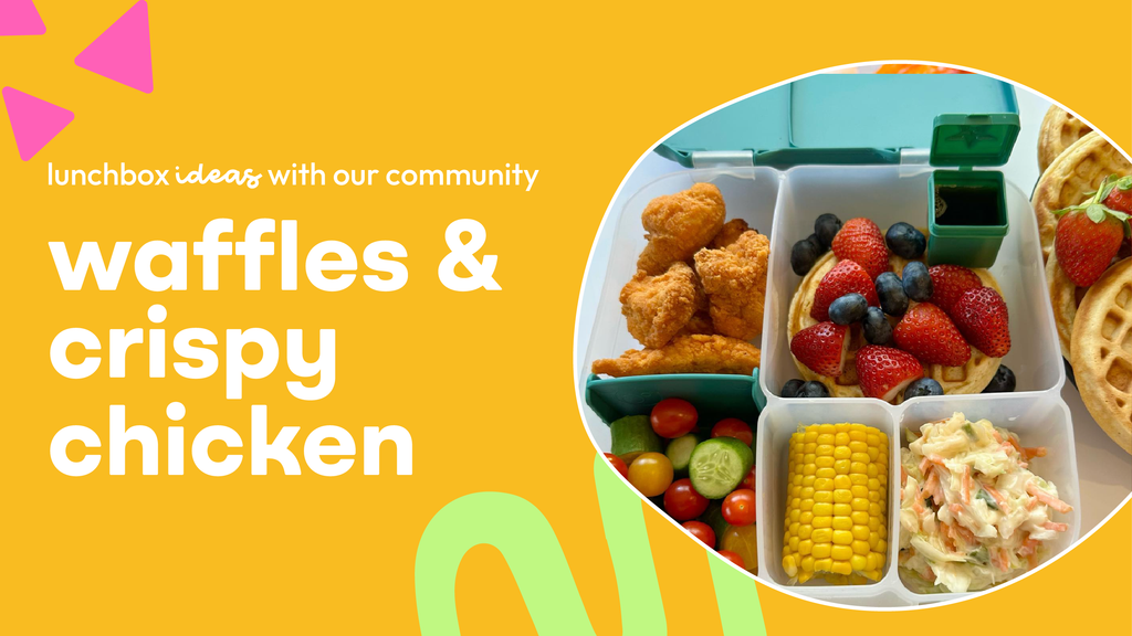 Suzy's waffles, crispy chicken, corn on the cob & salad | lunchbox ideas