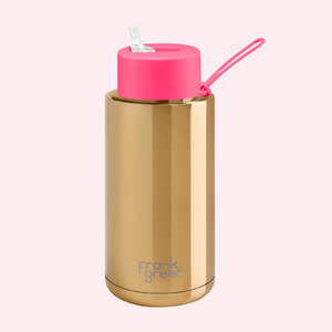 Frank Green Ceramic Drink Bottle 1L - Gold, Neon Pink Lid